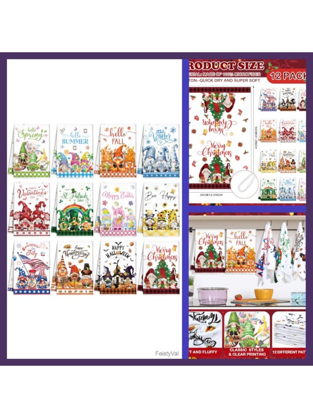 12 Pc Seasonal Kitchen Towels Set Microfiber Hand Towels Gnome Holiday